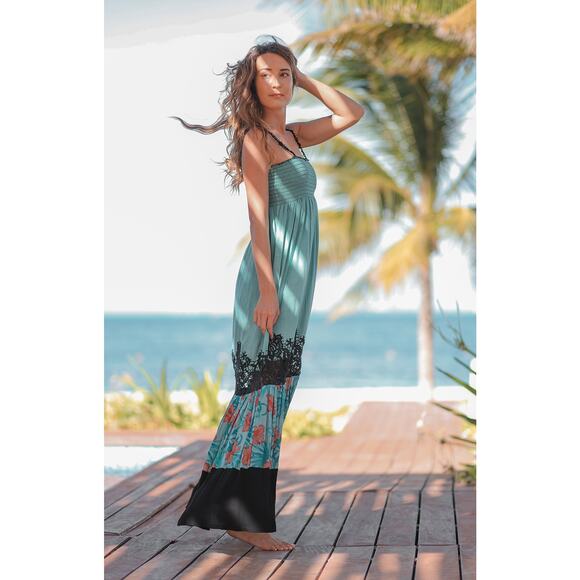 Resort Maxi Dress by T. Zovich Mixed Media Green Floral V-Neck Spaguetti Smocked - Picture 13 of 16